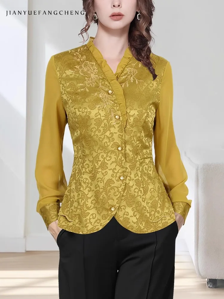 Fashion Embroidered Yellow Jacquard Top Women' Long Sleeve V-Neck Shirt Elegant Slim Vintage Casual Office Embroidered Blouse