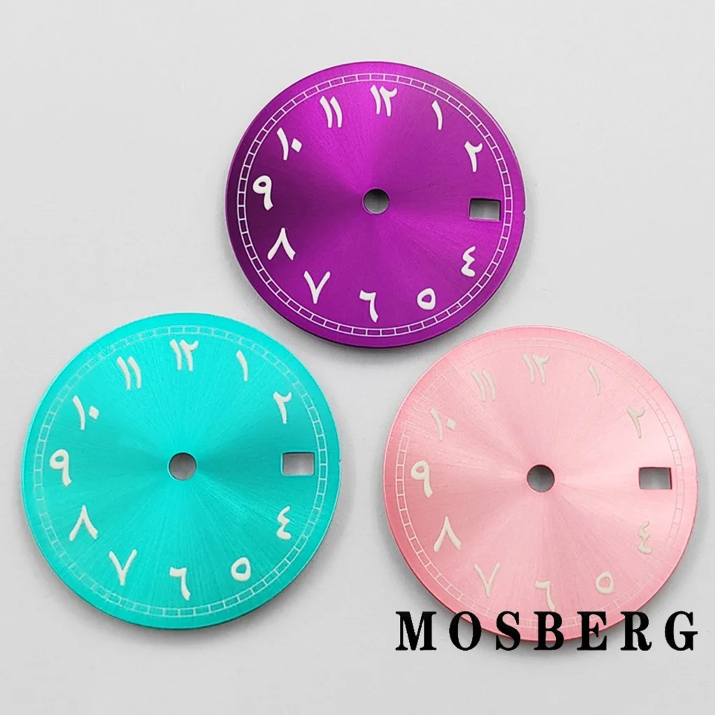 Esfera de reloj negra estéril de 29mm, esfera luminosa verde para NH35 NH36, movimiento compatible con 3,0 en punto a las 3,8 en punto