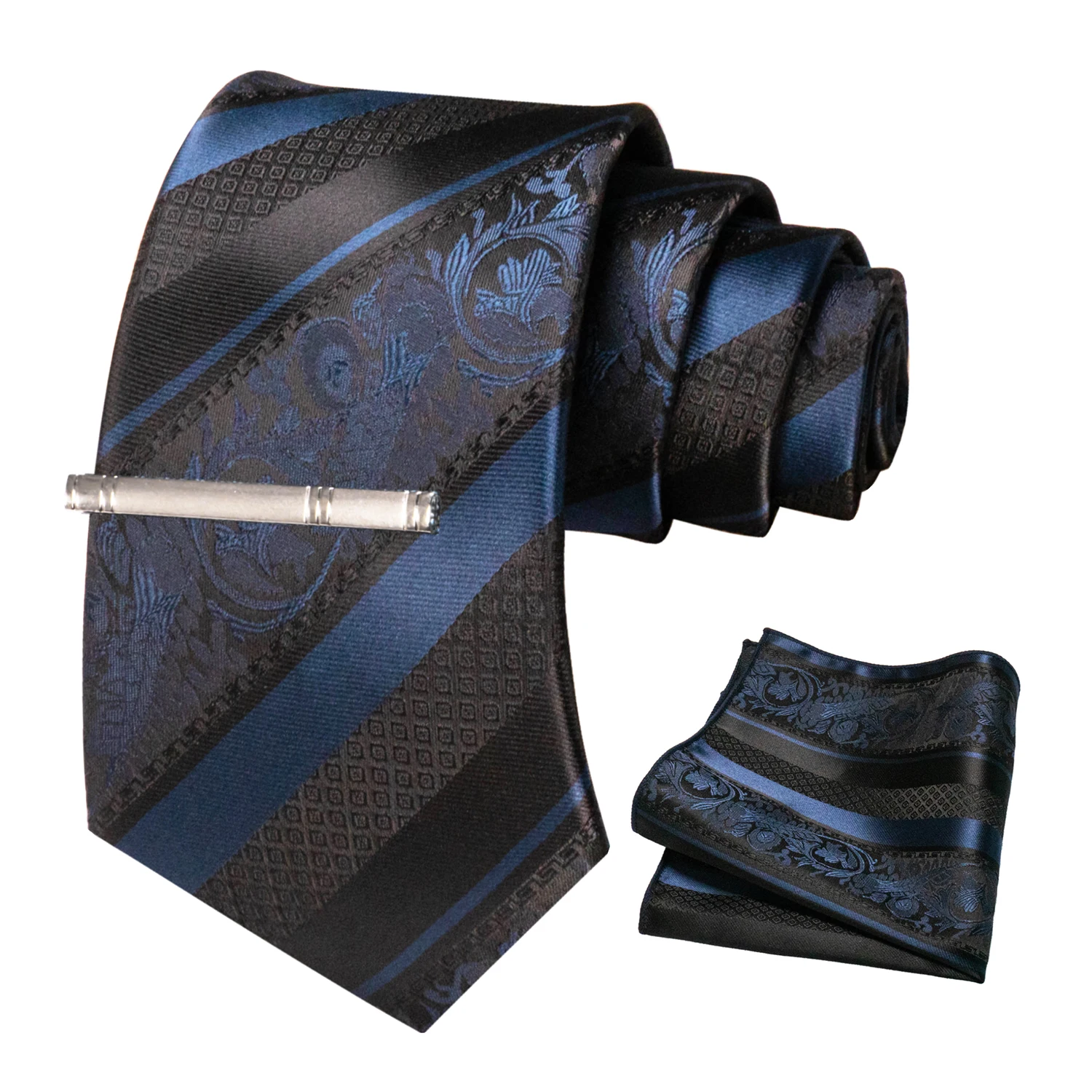Klassische Herren-Krawatte mit Blumenmuster, 8 cm, Seidenkrawatten-Set, Einstecktuch, Krawattenklammer, Business-Anzubehör, Bräutigam-Hochzeitskrawatte – Detail 4
