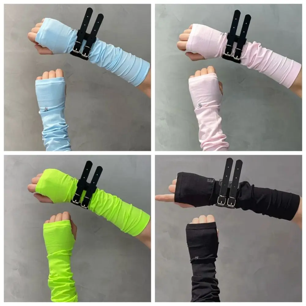 Cubierta de brazo negra gótica Punk para protección solar, Mangas de dedo de seda de hielo elásticas de Hip-hop, medio dedo, pulsera fresca Y2K PU, Verano