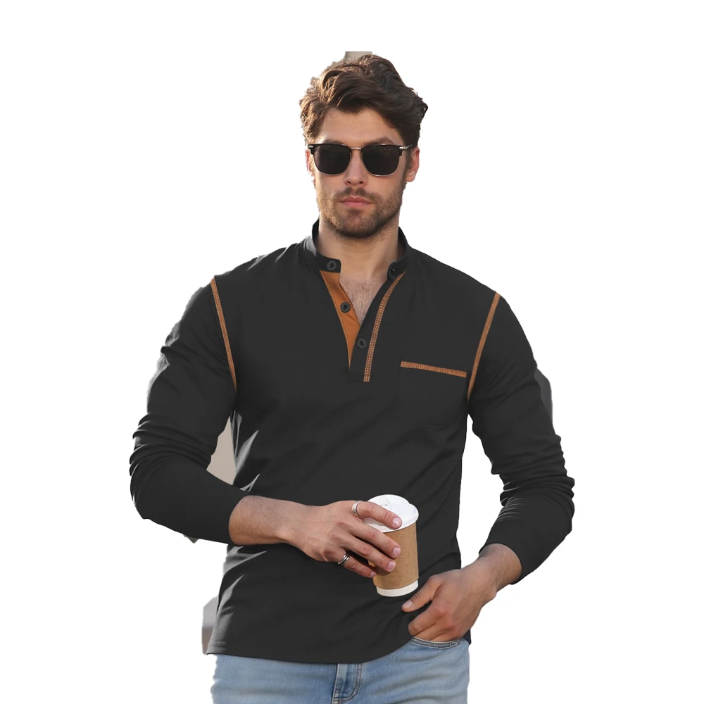 The Latest Spring and Summer Men's Long-Sleeved Polo Shirt With a European and American Stand-Up Collar for Casual Wear