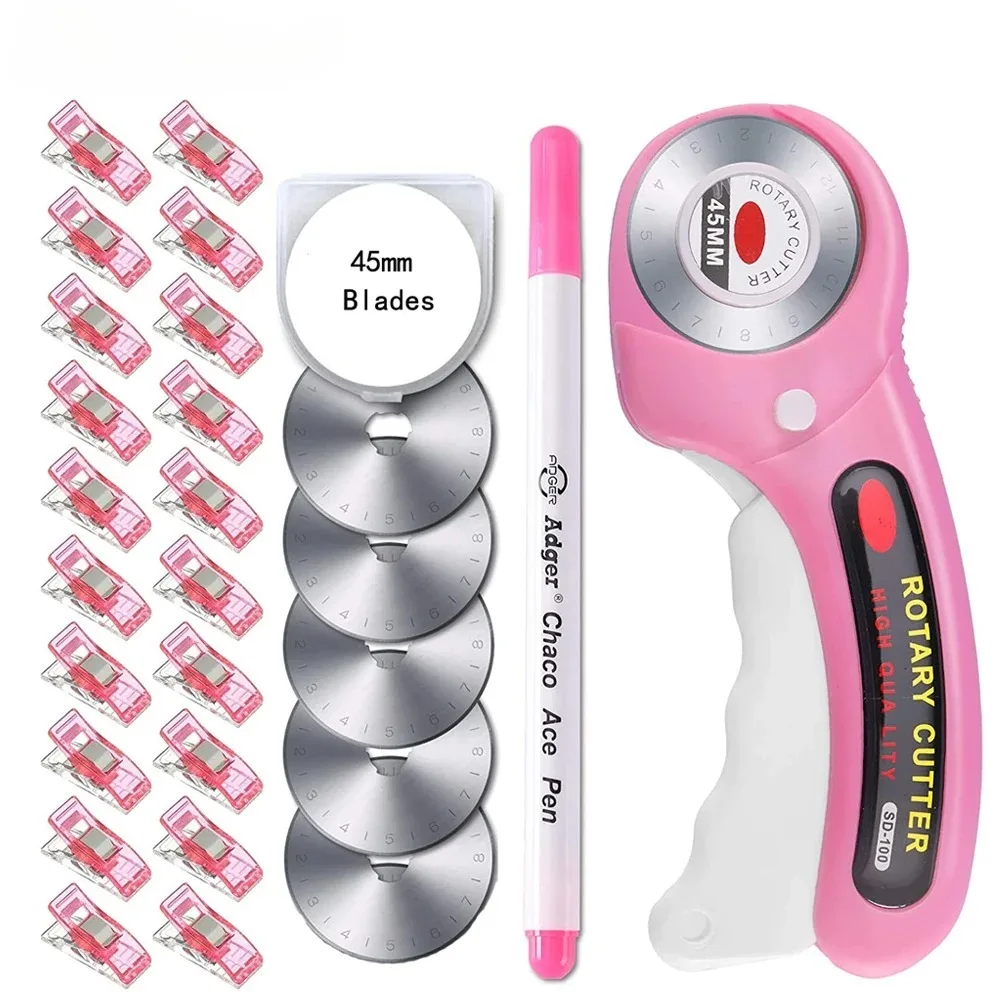 5mm Rotary Cutter with 5pcs Replacement Blades & Sewing Clips & Fabric Marker Pen for DIY Sewing Fabric Leather Quilting