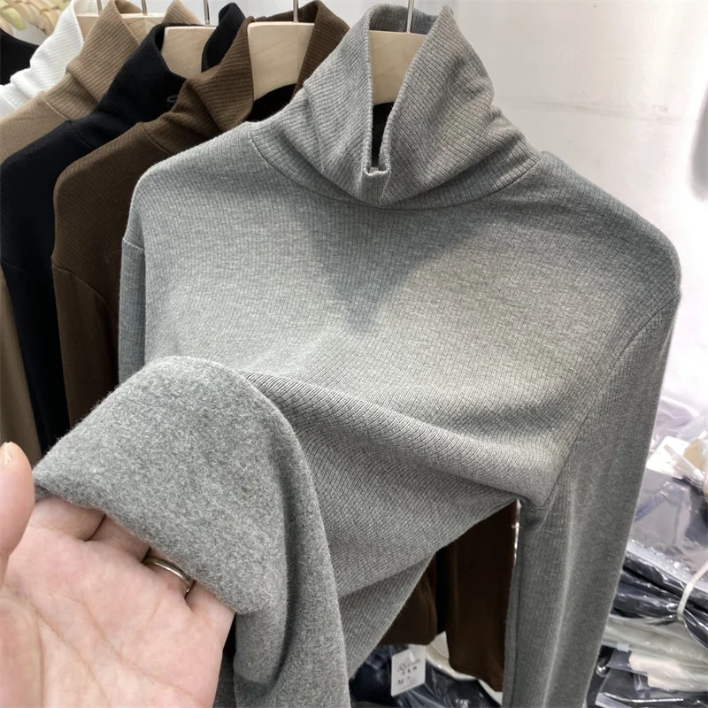

Women's High Collar Thin Fleece Base Shirt Pure Color Versatile Slimming T-Shirt Korean Style Commute Fashion Autumn Winter N...