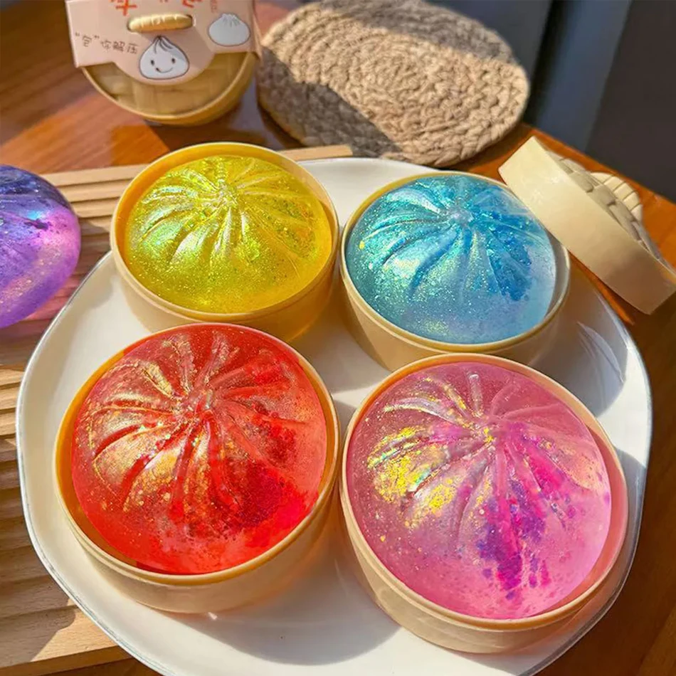 Kawaii Glitzer-Quetsch-Dumpling-Squishies-Spielzeug, gedämpfter Brötchen-Stresskiller, weiches TPR-Squishy mit Dampfbox für Kinder und Erwachsene