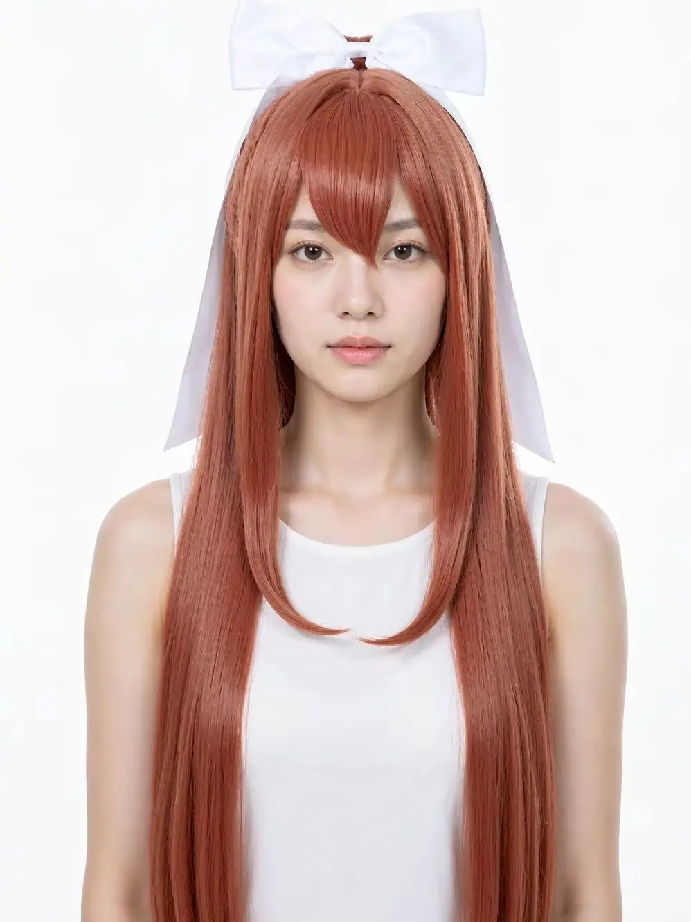 Long Straight Auburn Wig with White Bow Synthetic Hair for Cosplay Party