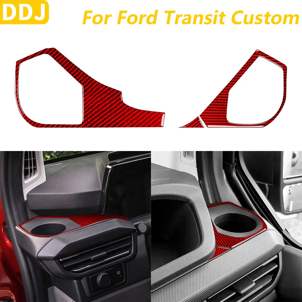 For Ford Transit Custom V700 2023-2026 Red Carbon Fiber Both Sides Instrument Water Cup Holder Cover Set Car Accessories Sticker