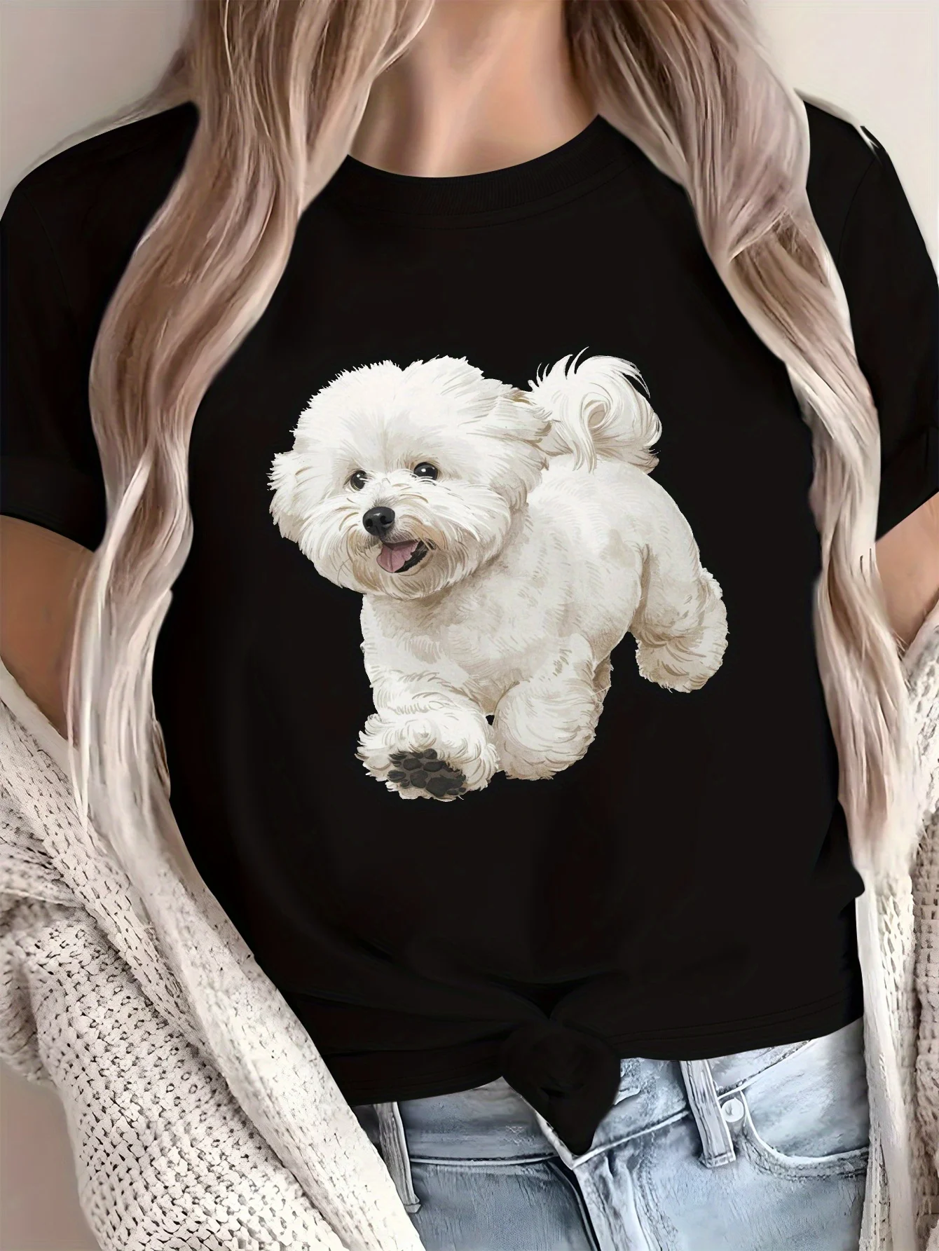 تي شيرت نسائي أبيض لطيف برسومات Bichon Frise تي شيرت ناعم ومسامي بلون سادة للاستخدام اليومي كاجوال بطبعة حيوانات تي شيرت جرافيك #1