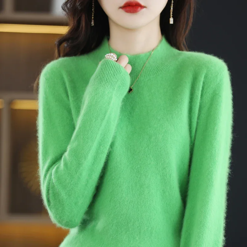 

Autumn and Winter New 100% Mink Cashmere Women's Sweater Half High Collar Pullover Casual Knitting Korean Loose Fashion Top