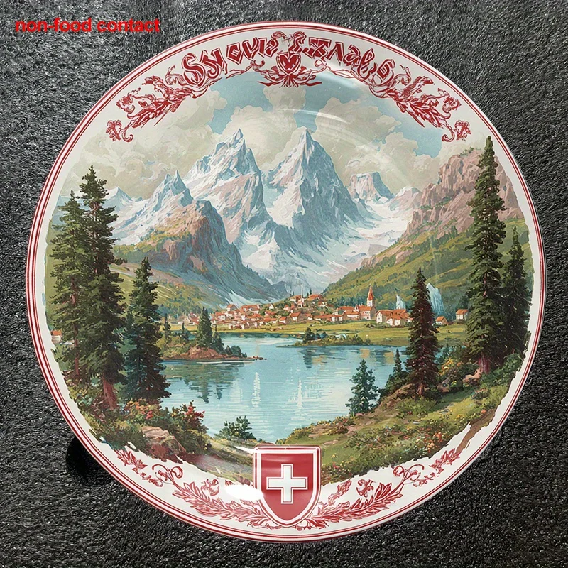 2D Flat, Halloween Christmas Decorative Sign and Ornaments, 1pc 8-Inch Round Ceramic Wall Art Plate - Vintage Swiss Landscape