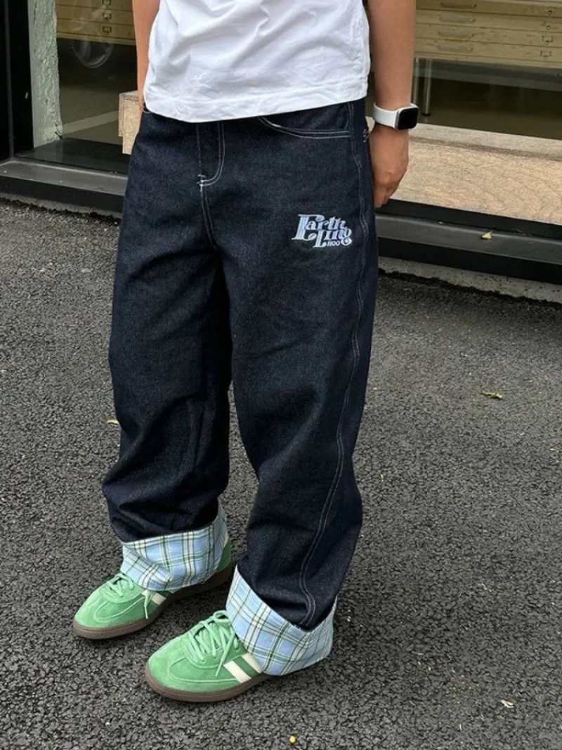 سراويل هاراجوكو Y2K ملابس الشارع الأمريكية الرجعية منقوشة الربط مجعد فضفاض الجينز النساء شيك عادية مستقيم واسعة الساق السراويل الرجال #3