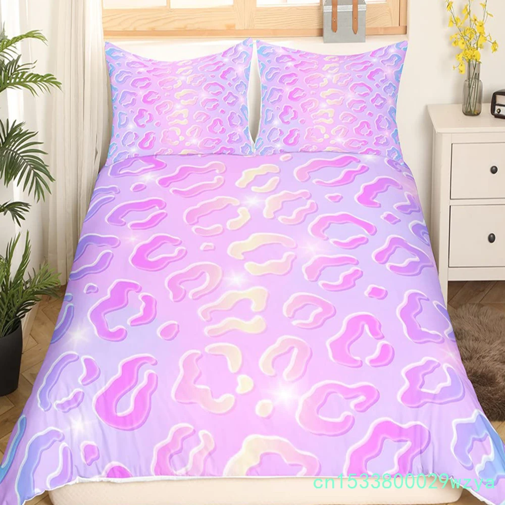 Leopard Print Comforter Cover Pink Pastel Cheetah  Duvet Cover Animal Print Bedding Set Rainbow Galaxy Bedspread Cover King Size