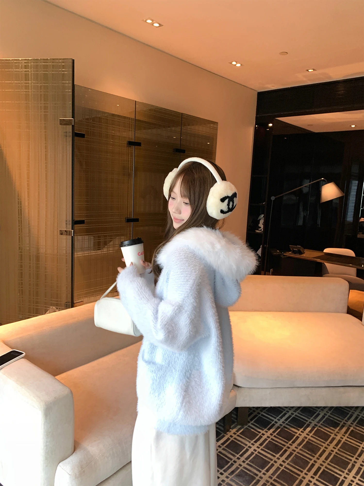 

Soft Blue Knitted Hat Women's Sweater with Detachable Fur Collar Thiened Korean Sle Spring Autumn Winter Loose Fit Cardigan