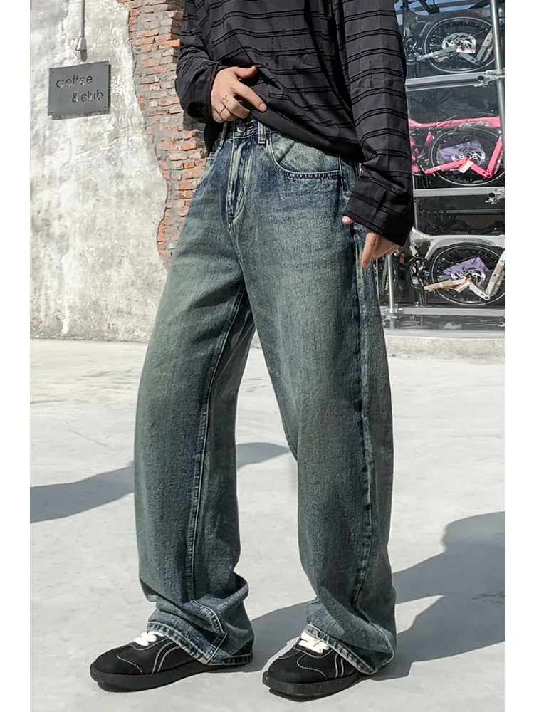

Винтажные джинсы, мужские повседневные осенние новые модные брюки, корейская свободная индивидуальная прямая мужская одежда, широкие джинсовые брюки