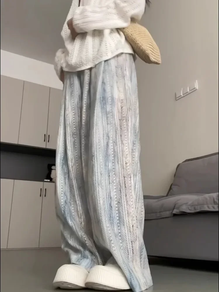 2025 มัดย้อมกางเกงลําลองกลวงสําหรับผู้หญิงในฤดูร้อนสไตล์บางY2kหลวมและบางและเข้าได้หลายชุดขี้เกียจกางเกงขากว้างเสื้อJ