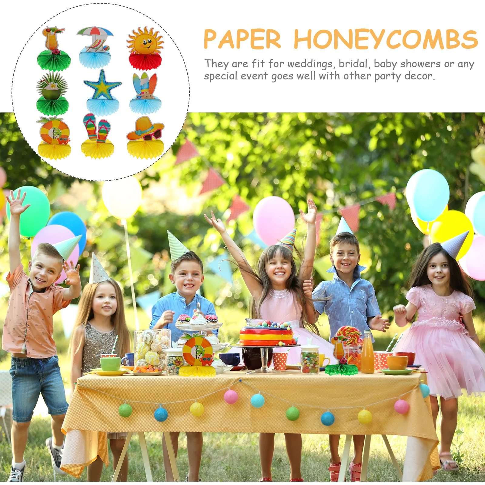

9Pcs Hawaii Honeycomb Ornaments Paper Craft Adorn for Party Scene Layout Tropical Party Favors Festival Prop Paper Honeycombs