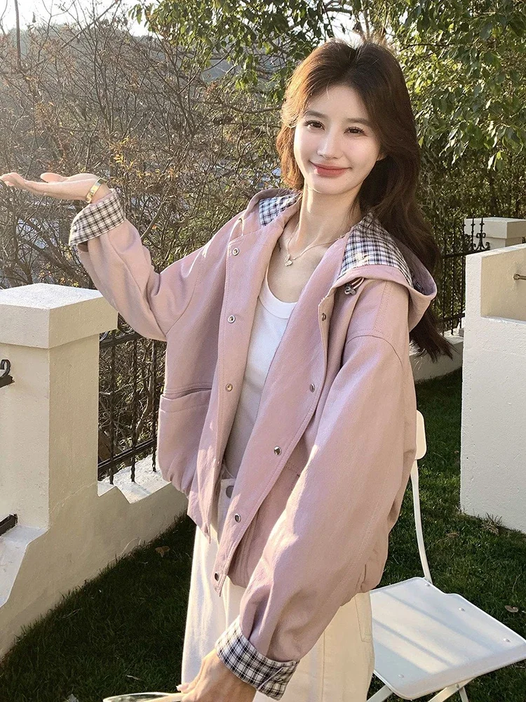 Korean Fashion Plaid Patchwork Pink Jacket Women Autumn Winter Sweet Loose Hooded Coat Tops Casual Long Sleeve Pockets Outwear