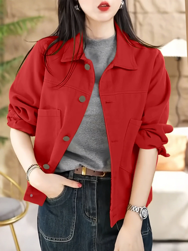 

ZANZEA Women's Autumn Lightweight Red Jackets Lapel Neck Button Up Solid Color Long Sleeve Coats Work Wear 4 Colors S-3XL