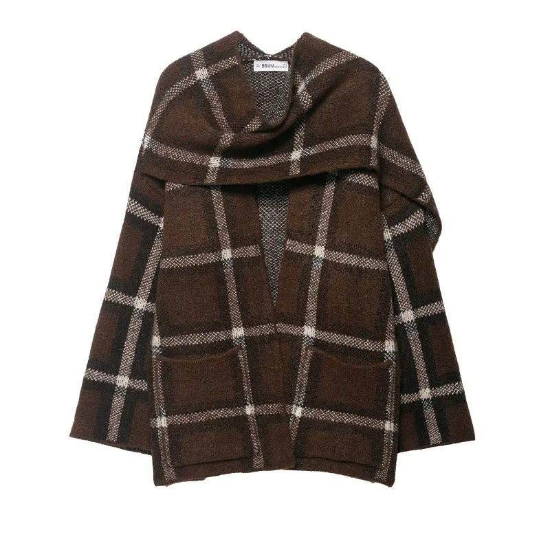 

Autumn Scarf Collar Long Sleeve Pockets Decoration Plaid Knitted Cardigan Women Loose Warm Sweater Tops Female Casual Chic Wear