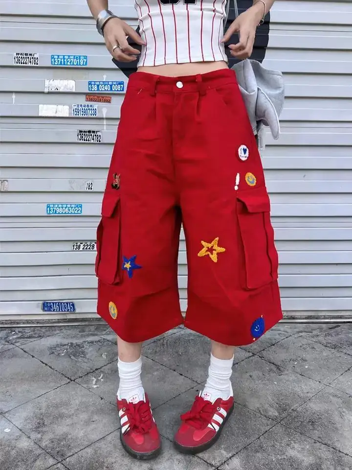 

Джинсы Y2K с винтажным принтом и звездной вышивкой, женская летняя уличная одежда, повседневные красные джинсовые брюки в стиле эмо в стиле ретро, брюки в стиле гранж 2000-х с сердечками