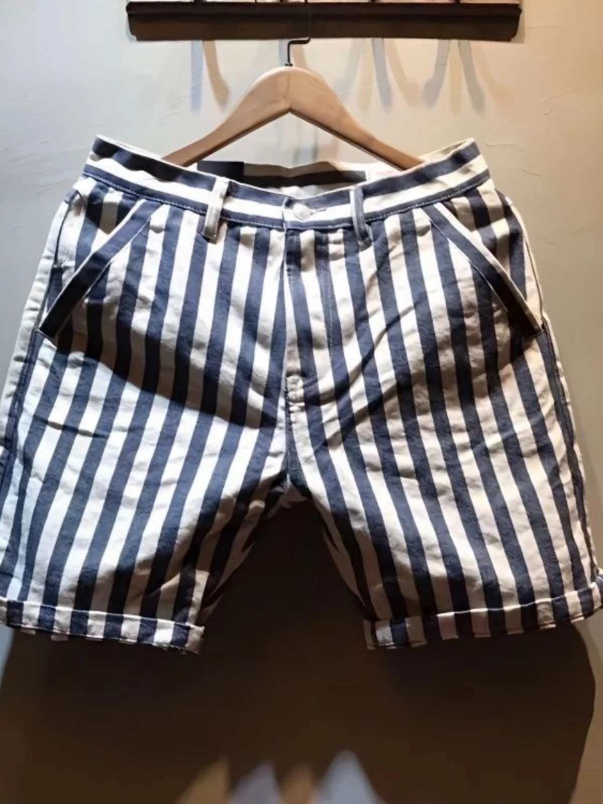 

Summer New Vintage Men's Slim Fit Five-Point Pants Heavy Waed Workwear Blue White Stripes Pure Cotton orts Ameika Sle