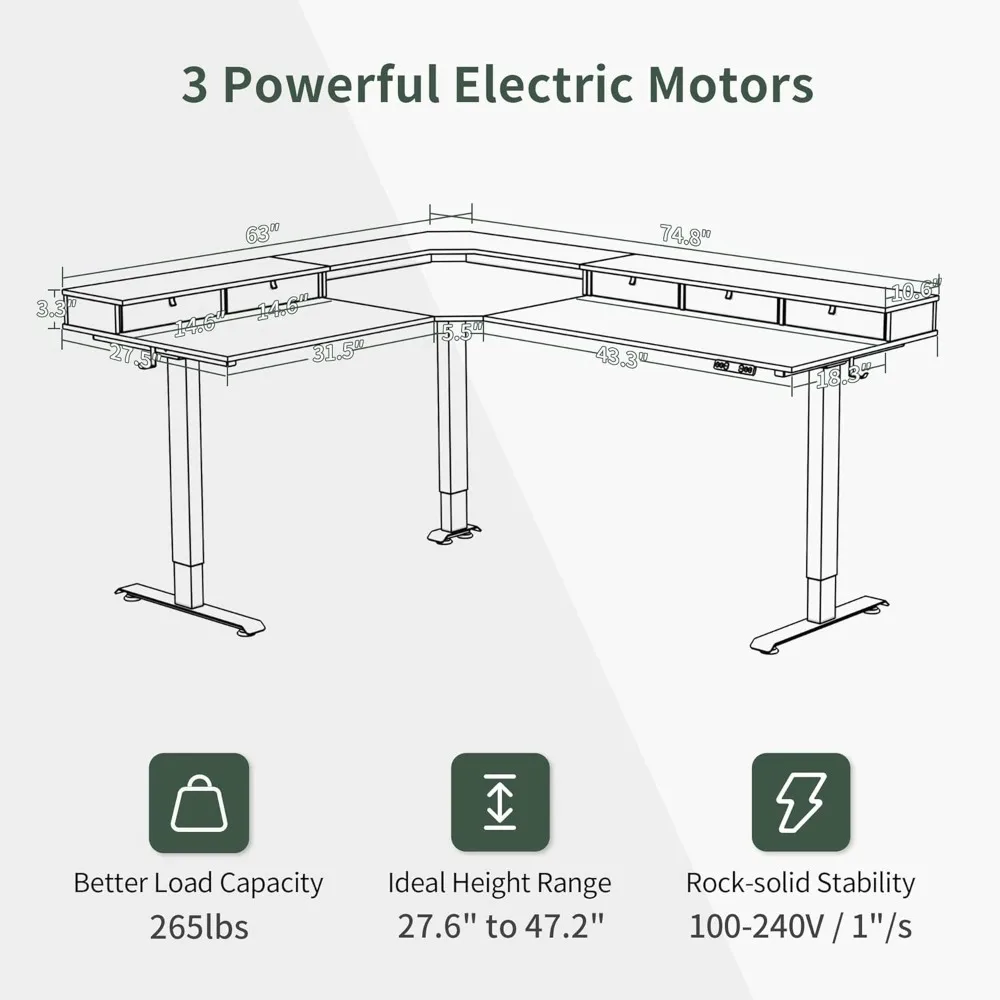 سعة تحميل 75 بوصة، 265 رطل، مكتب قائم على شكل حرف L مع أدراج، مكتب ألعاب كهربائي قائم قابل للعكس بارتفاع قابل للتعديل #3