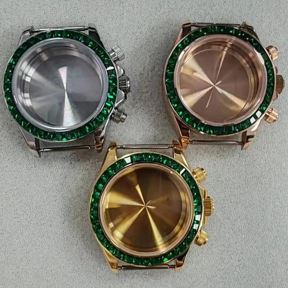 40MM Men's Watches Stainless Steel Colorful Crystal Watch Case Sapphire Glass for VK63 Quartz Movement Case VK63 Fits 20mm Strap