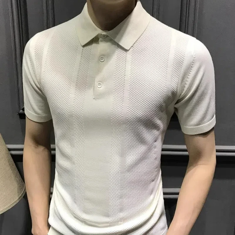 Polo informal de negocios para hombre, Camiseta de punto de manga larga con botones de solapa sólida, ropa de calle a la moda para oficina y redes sociales, novedad de verano