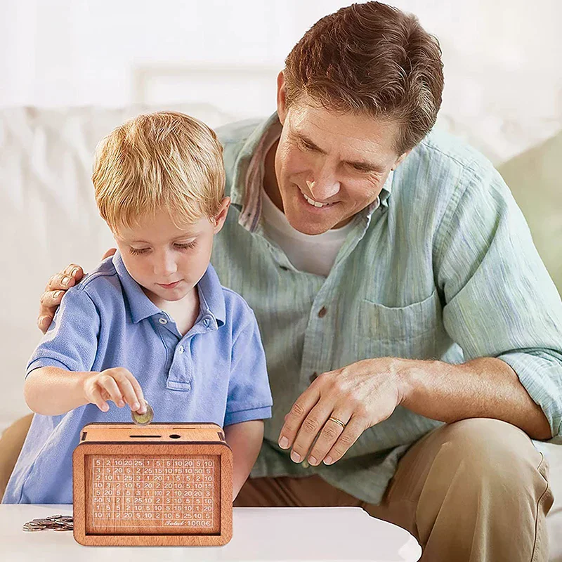 حصالة حصالة الخنزير الخشبية، صندوق أموال قابل لإعادة الاستخدام مع هدف توفير وأرقام للتحقق من أجل يساعد عادة التوفير