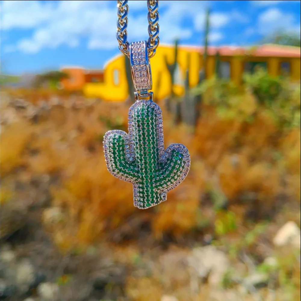 New Plant Shape Green Saguaro Cactus Iced Out Pendants Trendy Copper Crystal Necklace Chain Men Jewelry Hip Hop Jewelry