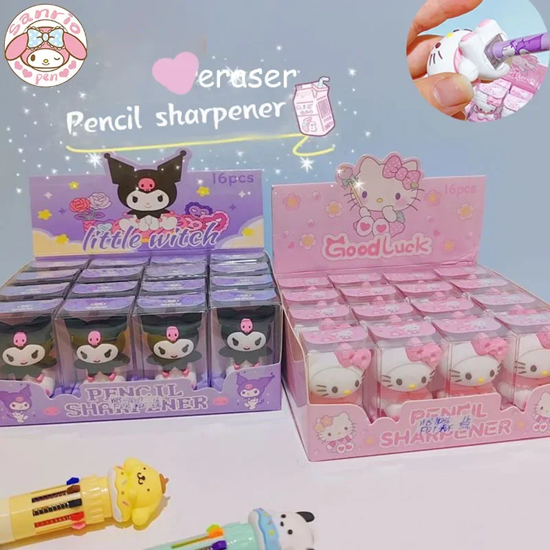 

Sanrio Hello Kitty Kuromi Melody Pencil Sharpener Eraser 8/16pcs Creative Cartoon Kawaii Stationery Cute Students School Supply