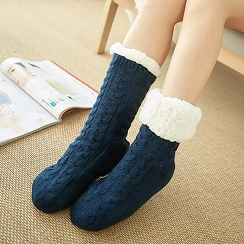 Women\'s Warm Solid Color Floor Socks Non Slip Plush Knitted Coral Fleece Socks No Show Socks