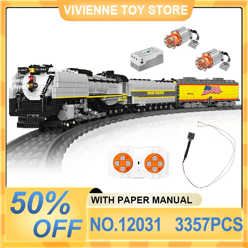 Mold King 12031 Technical Car Building Block RC Union Pacific 844 Steam Locomotive Model Assembly Train Brick Toy Gift For Kids