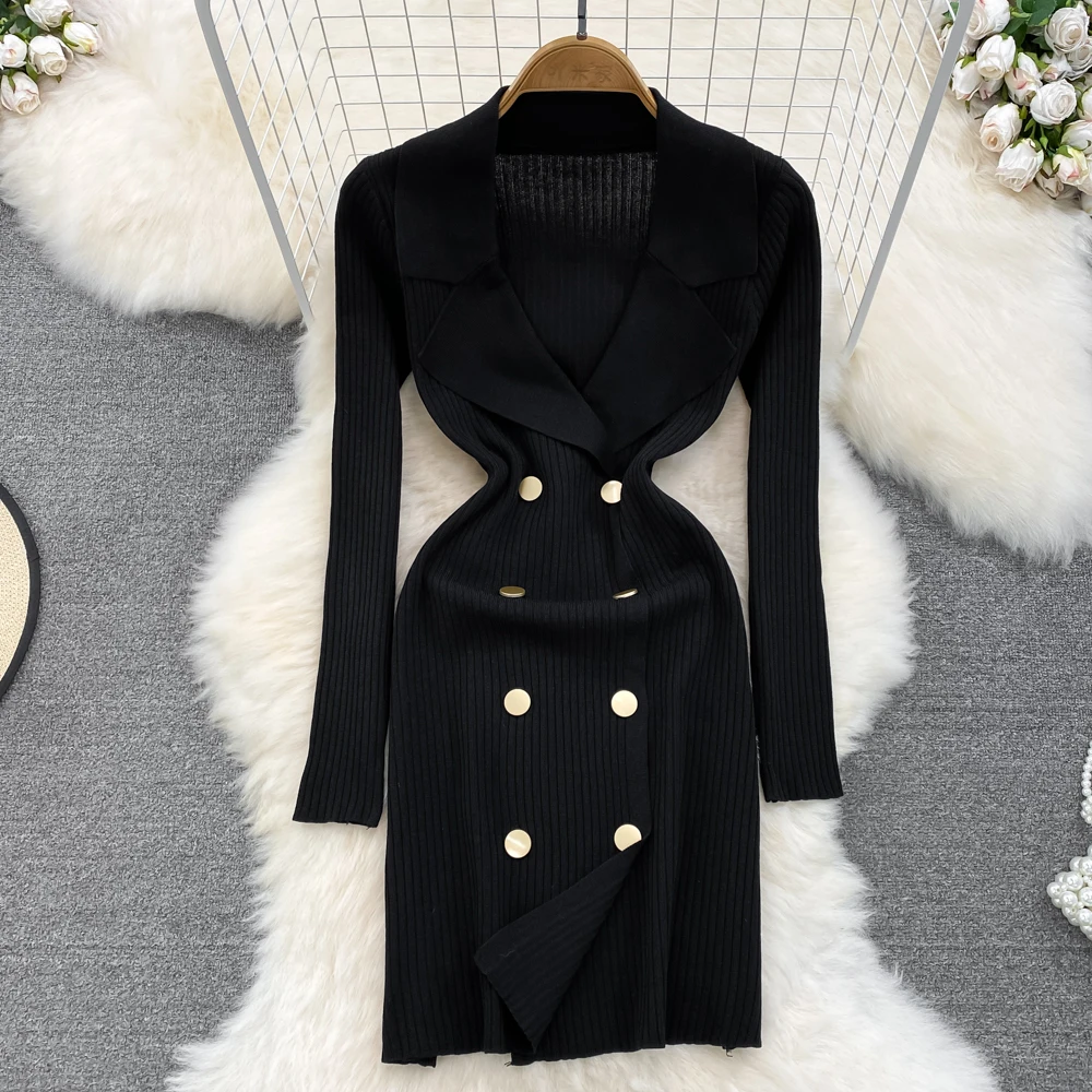 

2023 Autumn Winter Celebrity Temperament Suit Polo Collar Double Breasted Waist Wrap Show Slim Small Body Wrapped Hip Knit Dress