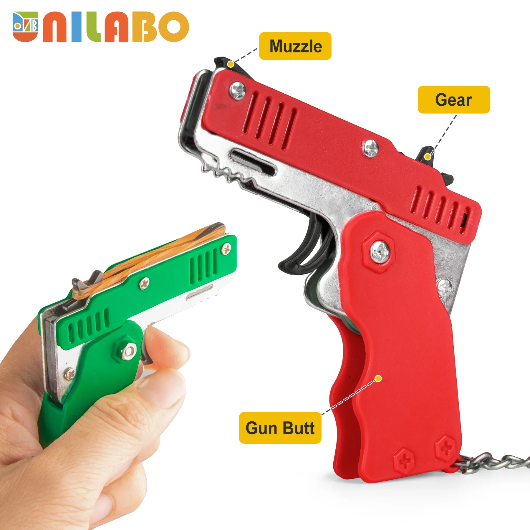 ゴムバンドガン ミニ合金 折りたたみ式 おもちゃの銃 キーホルダー クイックシュート 6ゴム おもちゃの銃 ゴムバンド付き