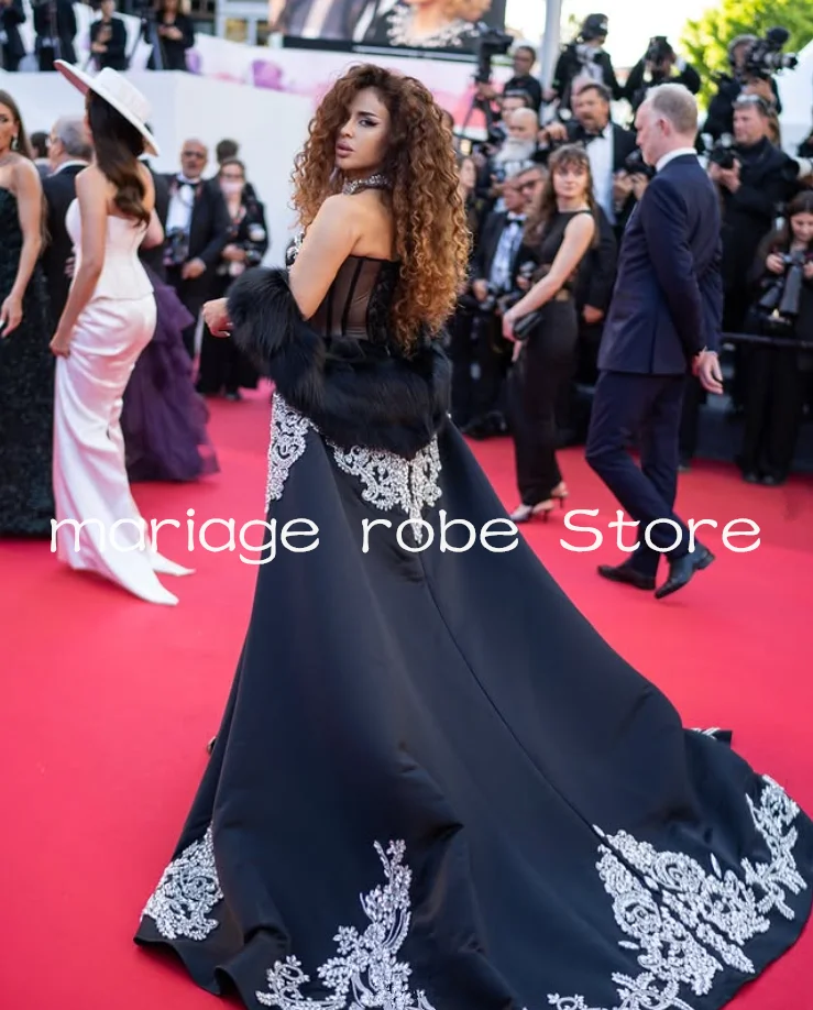 فساتين المشاهير طويلة حورية البحر باللون الأسود مع كيب التفاف قطعة العاج سباركلي زين كان السجادة الحمراء ثوب الزي حسب الطلب #3