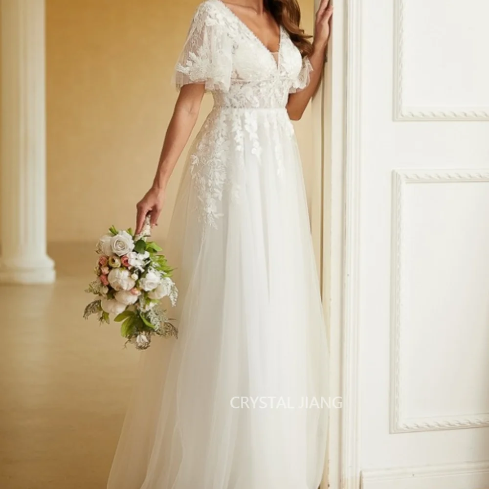 Elegant Long V Neck Tulle Wedding Dresses Natural Waist with Short Sleeves A Line Floor Length Robe De Mariage