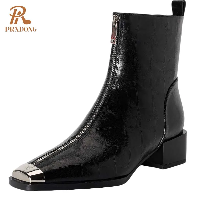 PRXDONG Genuine Leather Shoes 2024 New Fashion Autumn WInter Warm ANkle Boots Black Brown Zipper Dress Party Office Lady SHoes