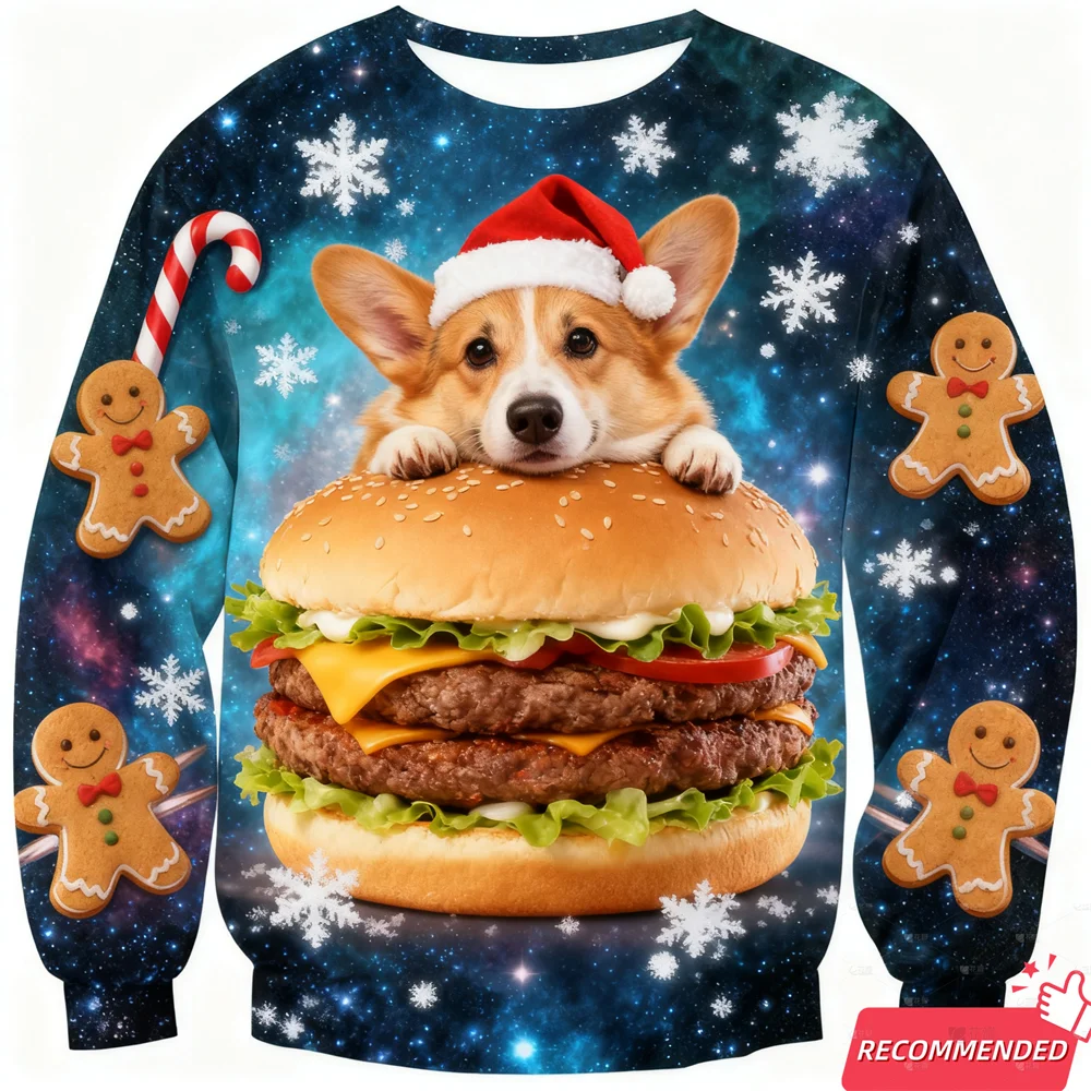 Space Animals Ugly Christmas Sweater For Men Clothing Funny Food Dog Shark Sweater Xmas Holiday Crew Neck Sweatshirt Jumpers Top