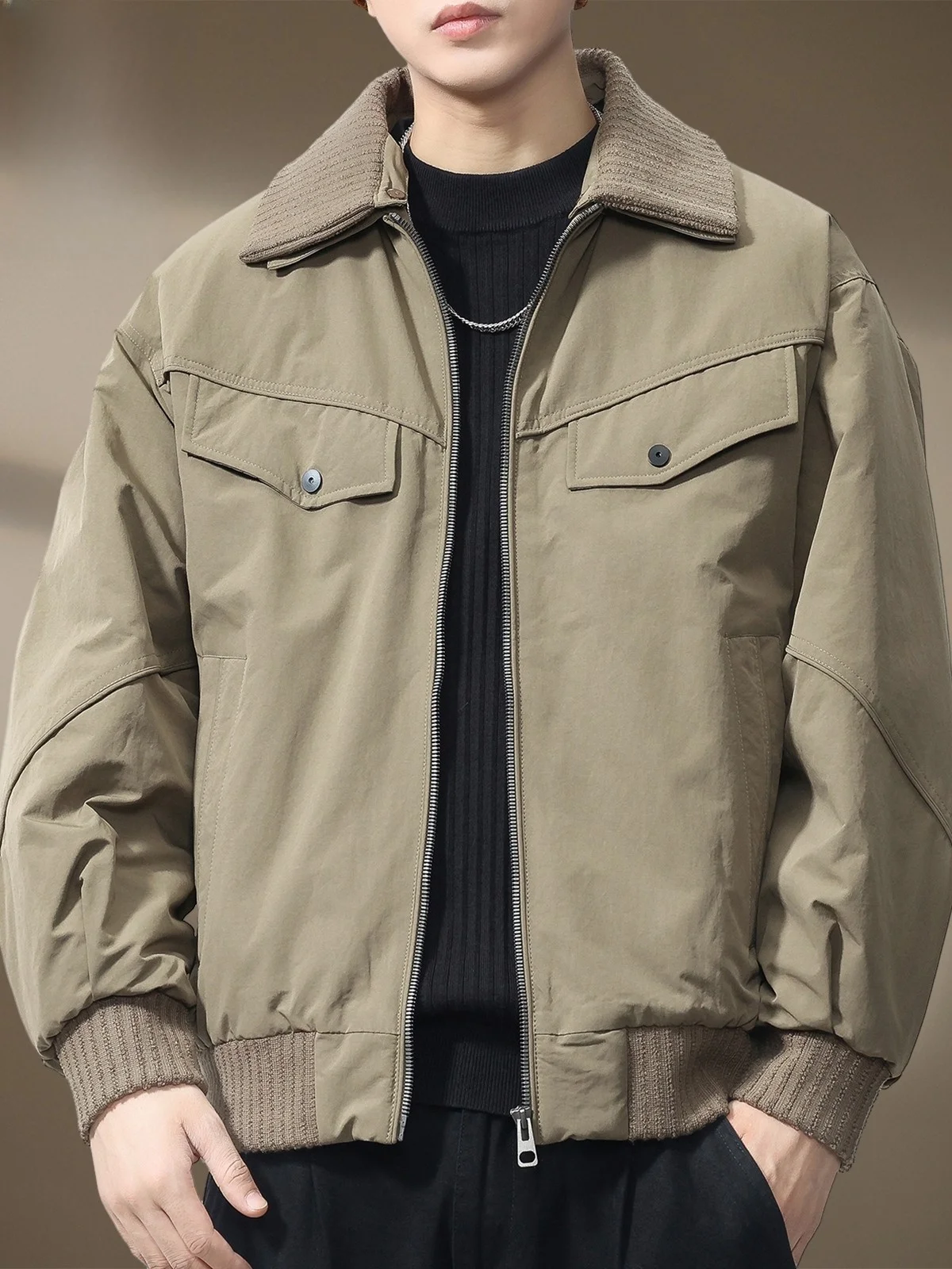 

Men's Cotton Jaet Casual Collar Winter Warmth Outerwear Faionable Youth lin Polyester Long Sve Zipper