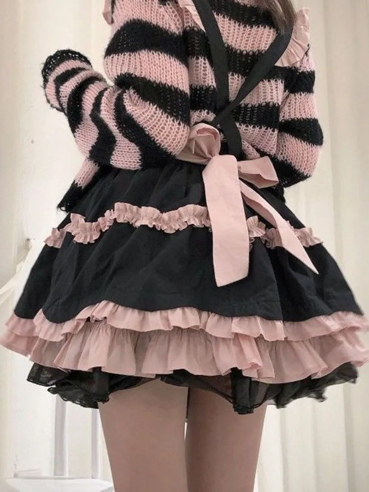 

Harajuku Sweet Lolita черно-розовые юбки Y2k готическая винтажная юбка-тортик для женщин плиссированная универсальная Faldas Mujer с рюшами