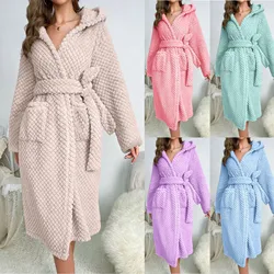 New In Women's Sleepwear Womens Robe With Hood Long Bathrobe Full Length Plush Fleece Warm Winter Robes Homewear Sleepwear