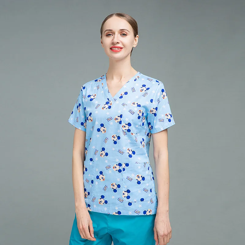 Multicolor Printed Surgical Gown Short Sleeve Tops T-Shirt Doctor Brush Hand Suit Summer Thin Cotton Surgical Room Work Uniform