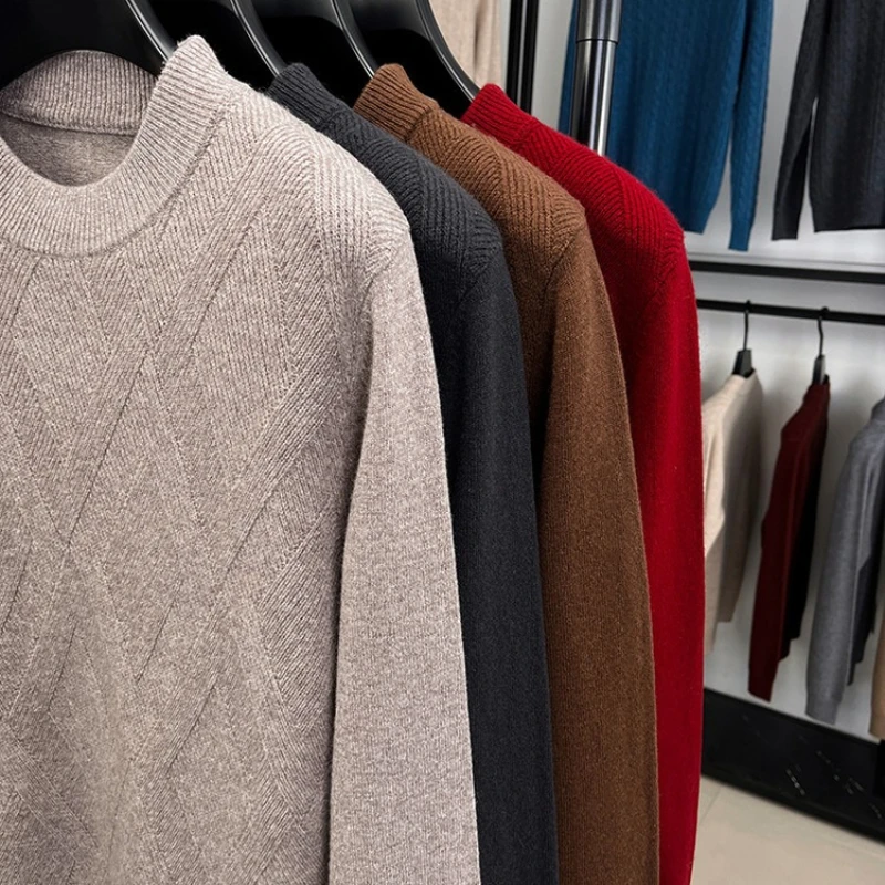 سترة صوفية بنمط المال القديم 100%، سترة حرارية للخريف والشتاء، سترة متماسكة حمراء لعيد الميلاد، بلوفر برقبة دائرية