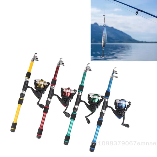 Imagen 2 del producto Caña de pescar telescópica de fibra de vidrio de 1,8 M con carrete giratorio, caña de pescar de mar portátil, juego de cañas de lanzamiento remoto, equipo incluido