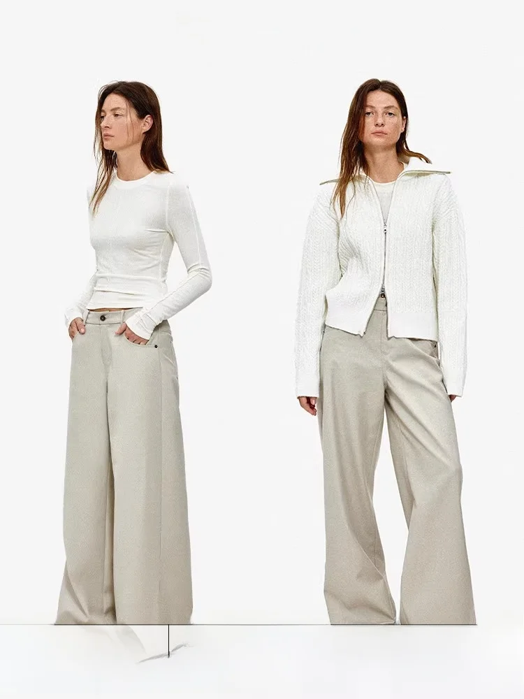 

Khaki Wide Leg Casual Pants Age of Ascent Deconstructed Hem Zipper Detailing Straight Cut Commute Sle Casual Faion