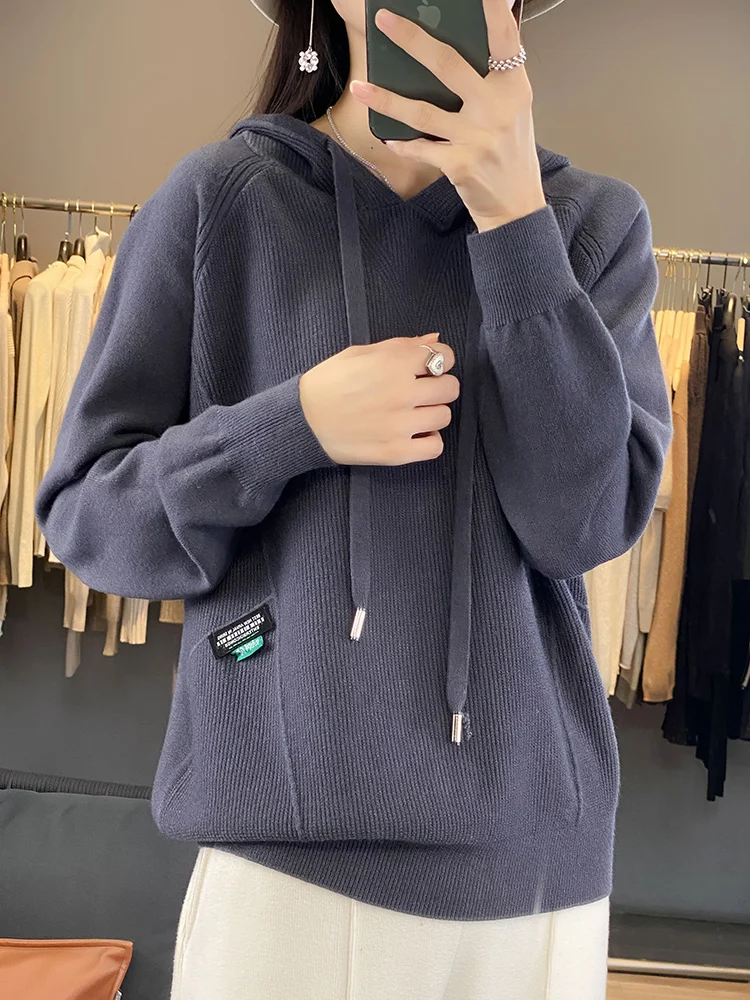 2024 Spring and Autumn Simple Fashion Knitted Hoodie Loose Casual Solid Color Versatile Knitted Women's Knitted Hoodie