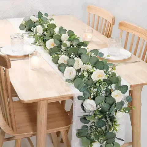 2 Pack 70-Inch Premium Artificial Eucalyptus Garland with White Roses - Realistic Lush Greenery & Fresh Scent Plastic Vines for Wedding, Engagement, Party Decor - Indoor/Outdoor Wall Ambiance, No Maintenance, Flowers Decoration, Romantic Event Decor
