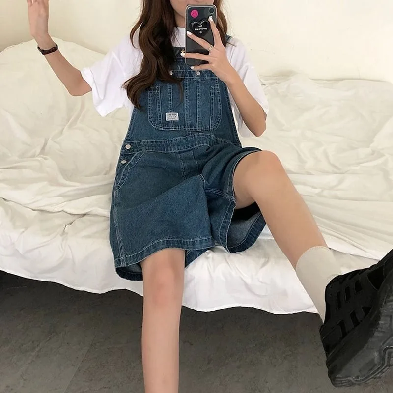 Women Sleeveless Jumpsuits 2024 Summer Vintage Harajuku Korean Style Jeans Shorts Loose Wide Leg Rompers Overall Denim Playsuit