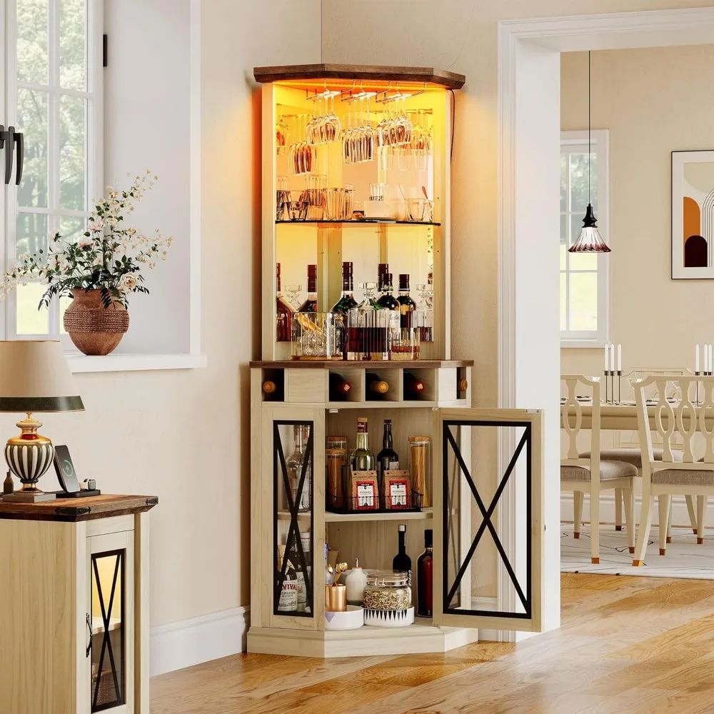 

Corner Bar Cabinet with LED Lights, 72" Tall Farmhouse Wine Bar Cabinet w/Visualization Glass Door & Adjustable Shelves, Home B