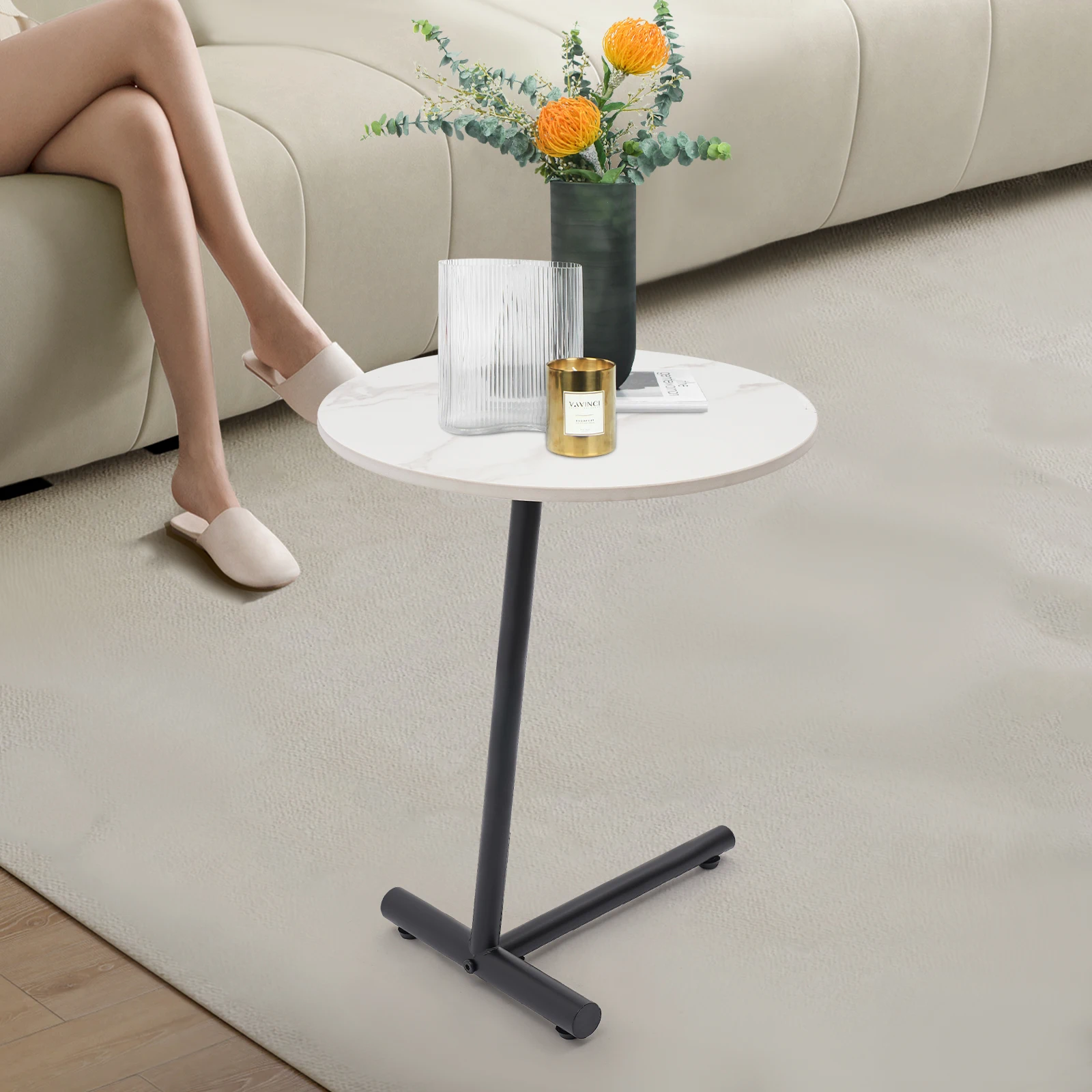 

40cm Rock Plate Round Side Table Modern Side Table For Storing Books, Coffee, Alarm Clock, Potted Plants White